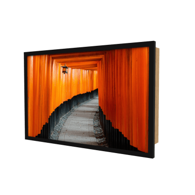 Wall-mounted artwork featuring a vibrant image of a path through traditional red Japanese torii gates, blending functionality and aesthetics in a hidden Murphy desk design.