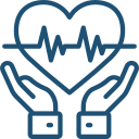 Line icon showing two hands holding a heart with a heartbeat line, representing concepts of healthcare, wellness, or medical care. The illustration conveys themes of protection and health support.