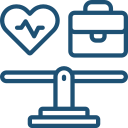 Line icon depicting a seesaw balancing a heart with a heartbeat line on one side and a briefcase on the other, symbolising the balance between health and work or work-life balance.