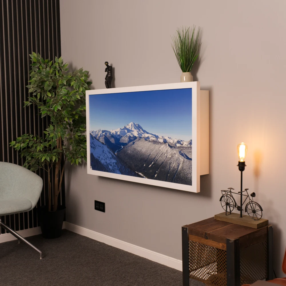 Closed DropTop desk with mountain image.