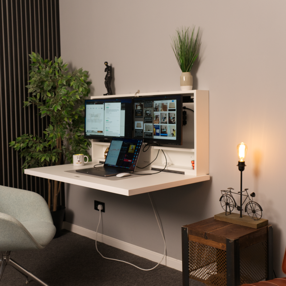 DropTop space saving desk in white with two screens connected.