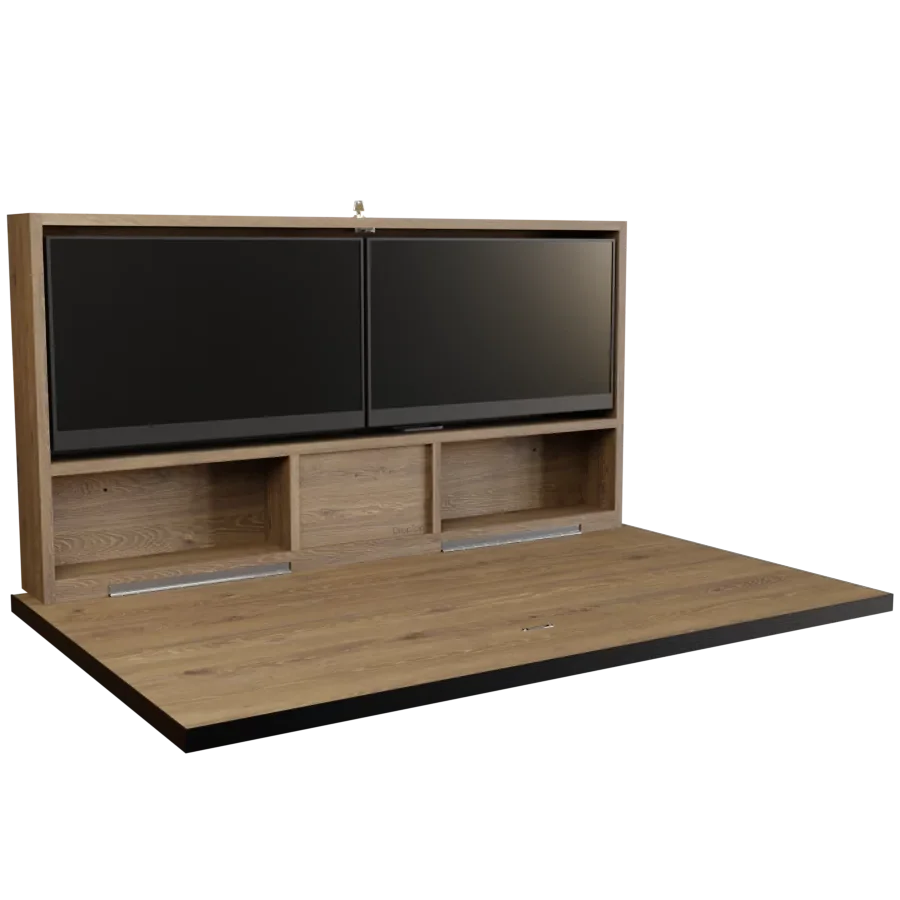 Wall-mounted fold-down desk in wood finish with integrated dual monitors and built-in storage compartments. The Murphy desk provides a stylish and functional hideaway workstation, perfect for maximising space in small home offices.